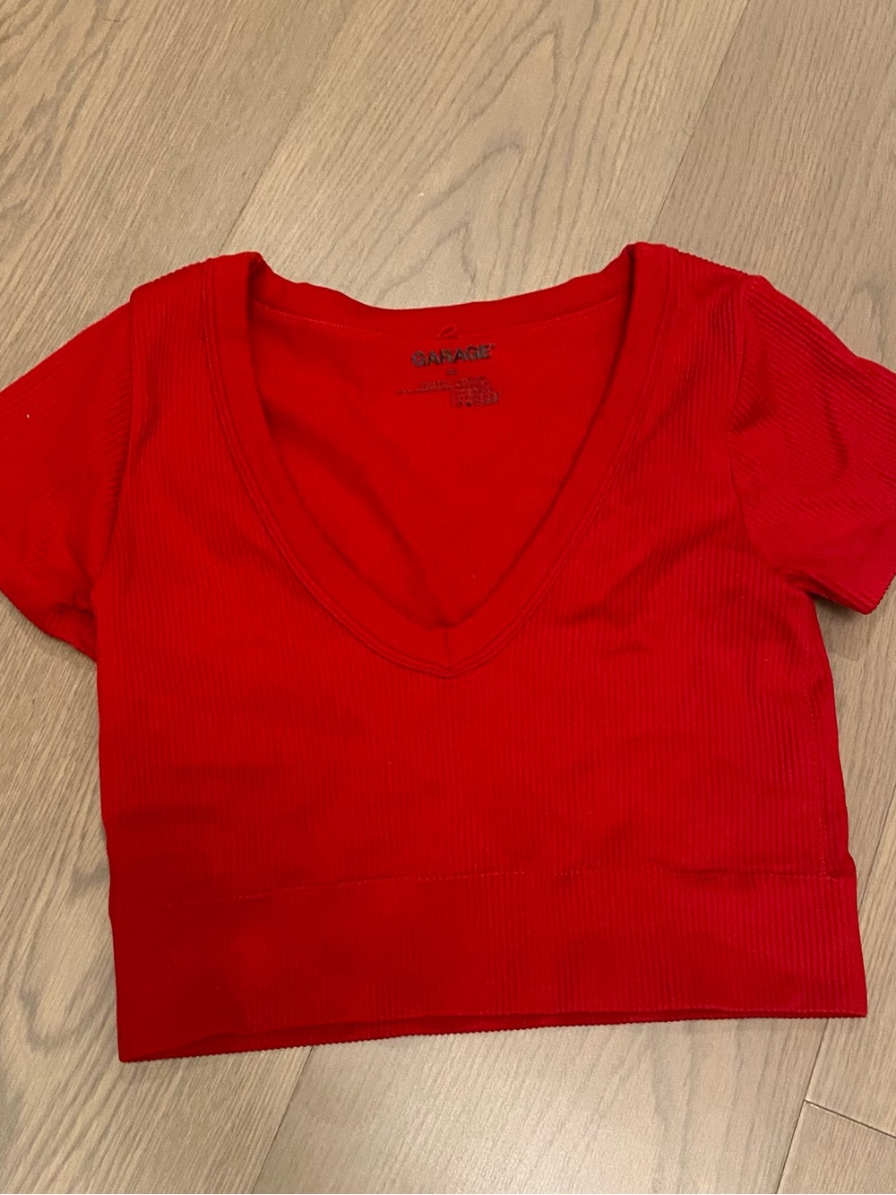 Garage Red V-Neck Ribbed Crop Top Sz S